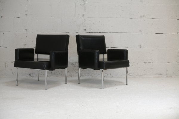 Black Leatherette Armchairs with Stainless Steel Legs, France, 1970s, Set of 2-MAO-912866