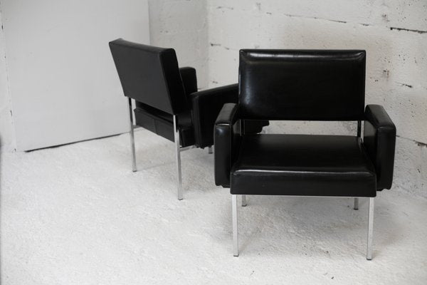 Black Leatherette Armchairs with Stainless Steel Legs, France, 1970s, Set of 2-MAO-912866