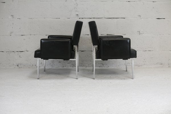 Black Leatherette Armchairs with Stainless Steel Legs, France, 1970s, Set of 2-MAO-912866