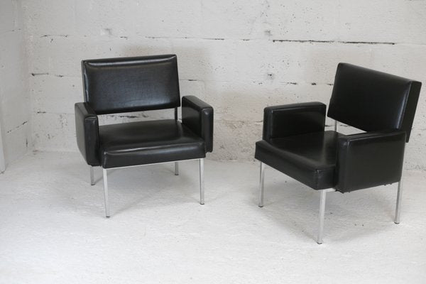 Black Leatherette Armchairs with Stainless Steel Legs, France, 1970s, Set of 2-MAO-912866