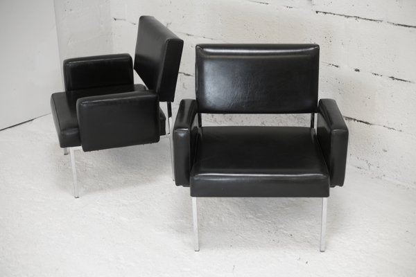 Black Leatherette Armchairs with Stainless Steel Legs, France, 1970s, Set of 2-MAO-912866