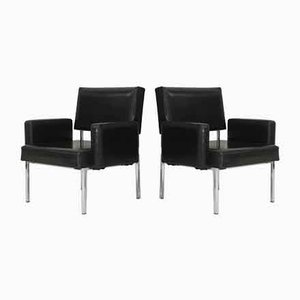 Black Leatherette Armchairs with Stainless Steel Legs, France, 1970s, Set of 2-MAO-912866