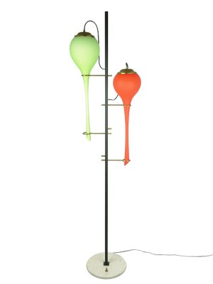 Black Metal and Brass Floor Lamp with Green and Orange Murano Glass Shades from Stilnovo, 1950s-RD-1811326