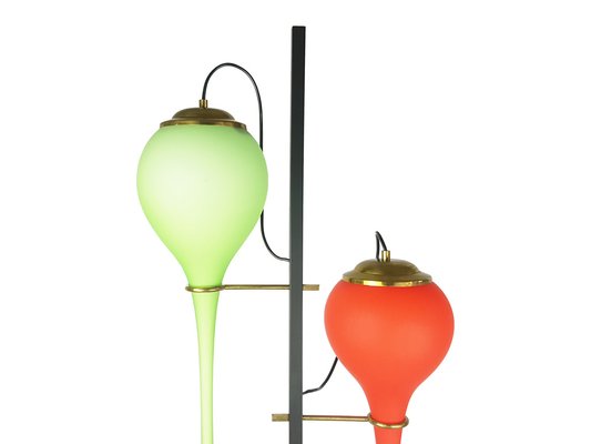 Black Metal and Brass Floor Lamp with Green and Orange Murano Glass Shades from Stilnovo, 1950s-RD-1811326