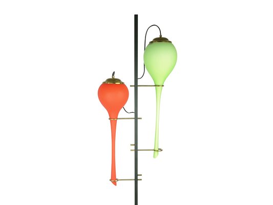 Black Metal and Brass Floor Lamp with Green and Orange Murano Glass Shades from Stilnovo, 1950s-RD-1811326