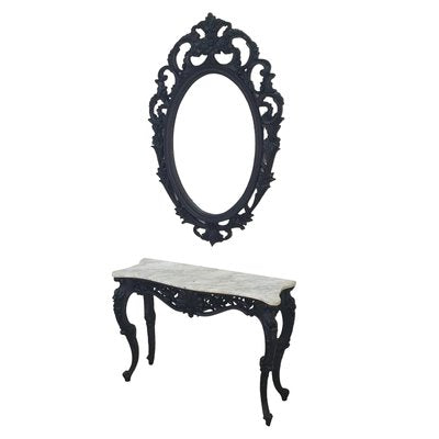 Black Wooden Console Table in White Marble with Mirror, Set of 2-TCS-1723836