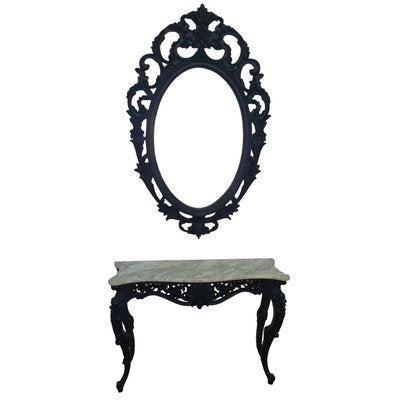 Black Wooden Console Table in White Marble with Mirror, Set of 2-TCS-1723836