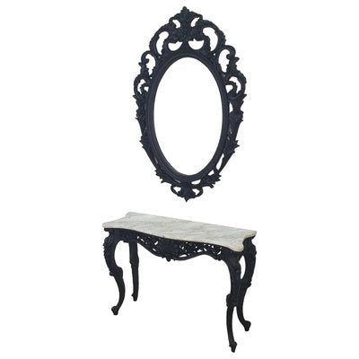 Black Wooden Console Table in White Marble with Mirror, Set of 2-TCS-1723836