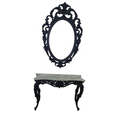 Black Wooden Console Table in White Marble with Mirror, Set of 2-TCS-1723836