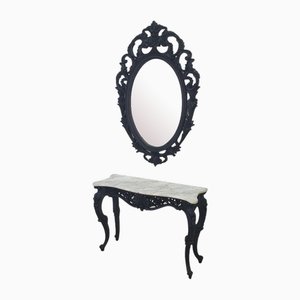 Black Wooden Console Table in White Marble with Mirror, Set of 2-TCS-1723836