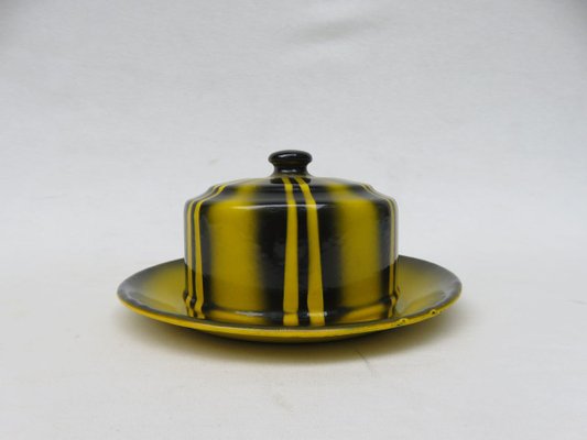 Black & Yellow Enameled Butter Dish with Spray Decoration, 1920s-EY-888819