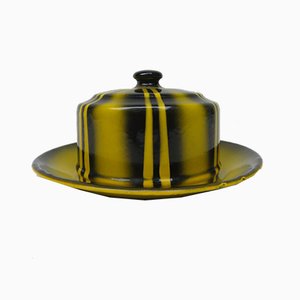 Black & Yellow Enameled Butter Dish with Spray Decoration, 1920s-EY-888819