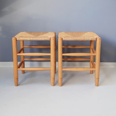 Blonde Wood and Rush Stools, 1970s, Set of 2-SJU-1735517