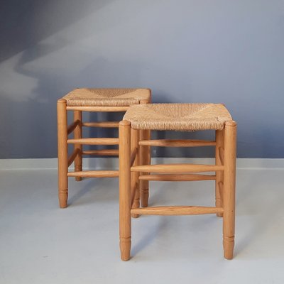 Blonde Wood and Rush Stools, 1970s, Set of 2-SJU-1735517