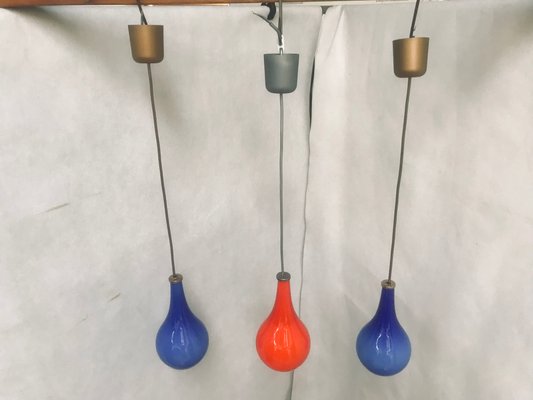 Blue and Red Double-Layered Glass Ceiling Lights, 1970s, Set of 3-WQQ-1377381