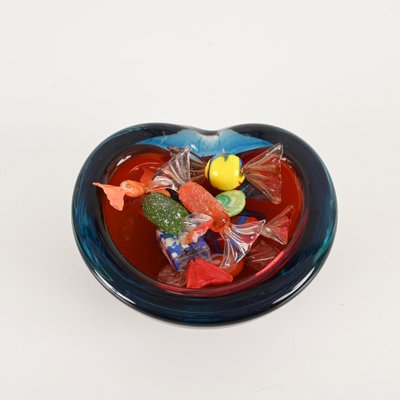 Blue and Red Sommerso Murano Glass Heart-Shaped Bowl by Flavio Poli, Italy, 1960s-JDR-1817230