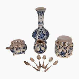 Blue and White Delftware Vase, Tea Caddy & Silver Spoons, Set of 11-GOE-1342272