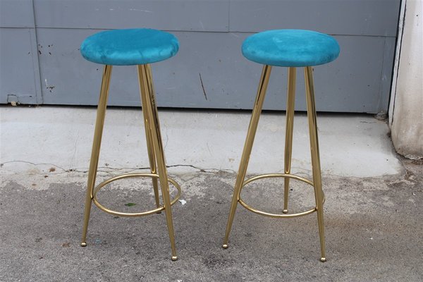 Blue Brass and Velvet Stools, Italy, 1950s, Set of 2-EH-1383345