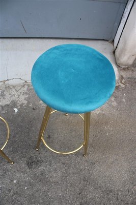 Blue Brass and Velvet Stools, Italy, 1950s, Set of 2-EH-1383345