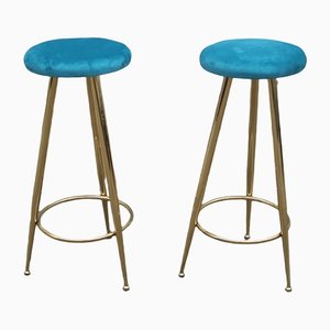 Blue Brass and Velvet Stools, Italy, 1950s, Set of 2-EH-1383345