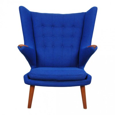 Blue Fabric and Teak Papa Bear Chair by Hans J. Wegner, 1970s-MTD-1400698