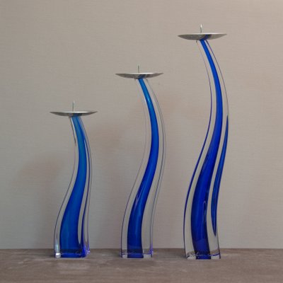 Blue Glass Candlesticks by Giuliano Tosi, 1970s, Set of 3-MAX-585916