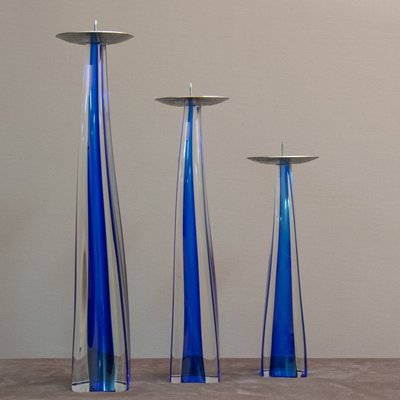 Blue Glass Candlesticks by Giuliano Tosi, 1970s, Set of 3-MAX-585916