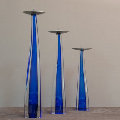 Blue Glass Candlesticks by Giuliano Tosi, 1970s, Set of 3-MAX-585916