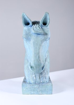 Blue Horse Head Sculpture, Carved Wood-ZLE-845397