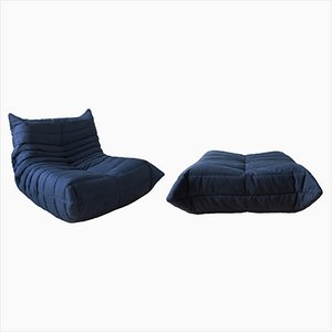 Blue Microfiber Togo Lounge Chair and Pouf by Michel Ducaroy for Ligne Roset, Set of 2-IXA-1110927