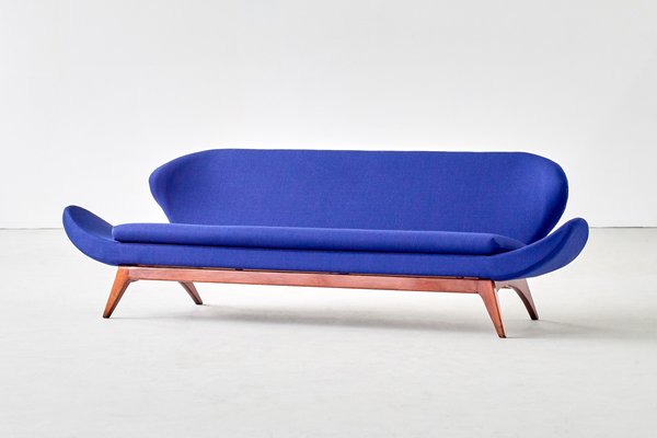 Blue Raf Simons Fabric & Walnut Sofa by Luigi Tiengo for Cimon, 1963-FMT-609346