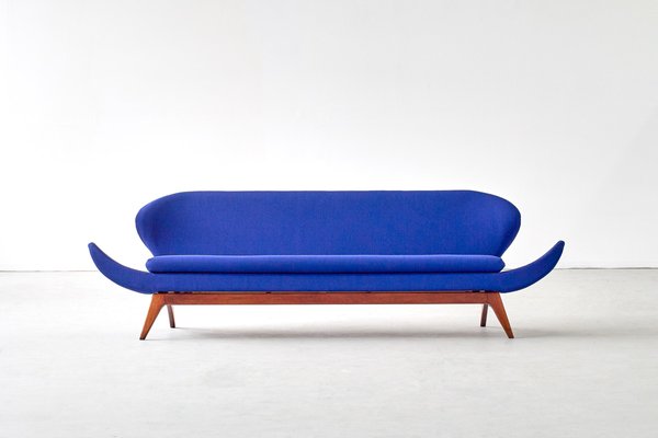 Blue Raf Simons Fabric & Walnut Sofa by Luigi Tiengo for Cimon, 1963-FMT-609346