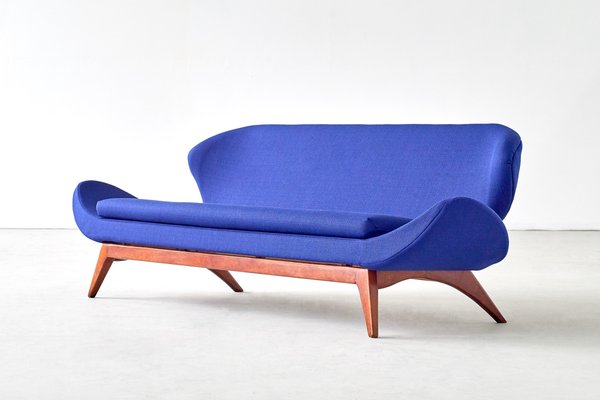 Blue Raf Simons Fabric & Walnut Sofa by Luigi Tiengo for Cimon, 1963-FMT-609346