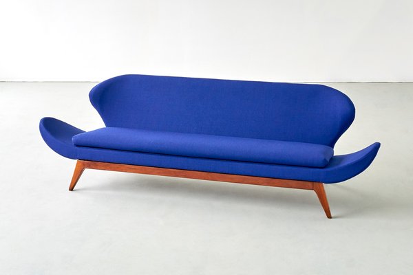 Blue Raf Simons Fabric & Walnut Sofa by Luigi Tiengo for Cimon, 1963-FMT-609346