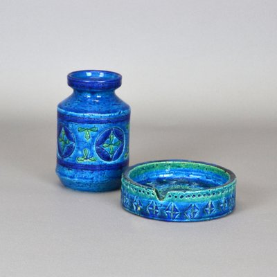 Blue Rimini Collection Vase with Ashtray by Aldo Londia for Bitossi, Italy, 1960s, Set of 2-AOU-1758371