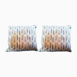 Blue Striped Handmade Wool Kilim Cushion Covers with Feathers, Set of 2-TCS-1138702