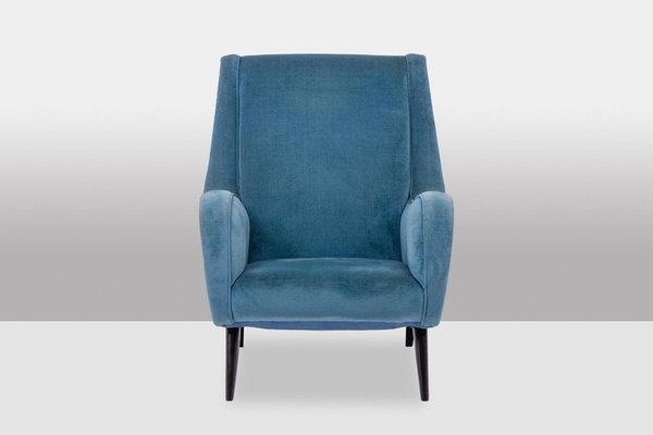 Blue Velvet Armchair with Beech Base, 1950s-CEJ-2026350