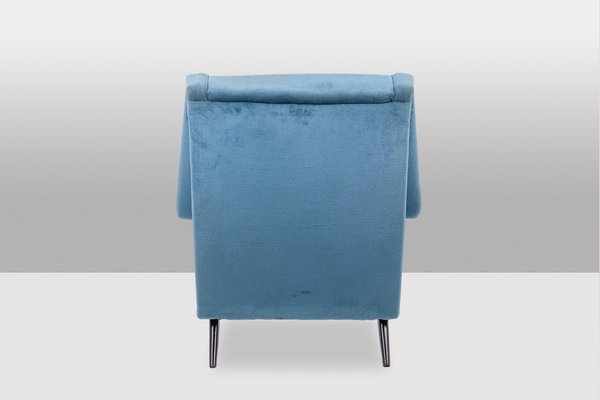 Blue Velvet Armchair with Beech Base, 1950s-CEJ-2026350