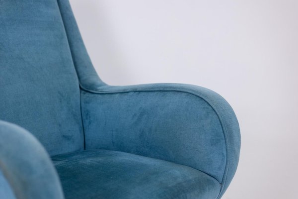 Blue Velvet Armchair with Beech Base, 1950s-CEJ-2026350