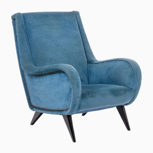 Blue Velvet Armchair with Beech Base, 1950s-CEJ-2026350