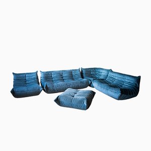 Blue Velvet Living Room Set by Michel Ducaroy for Ligne Roset, 1970s, Set of 5-IXA-947698