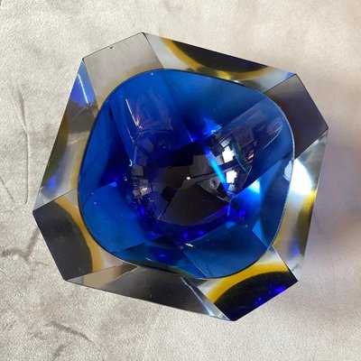 Blue & Yellow Sommerso Faceted Murano Glass Ashtray by Seguso, 1970s-NMK-1282644