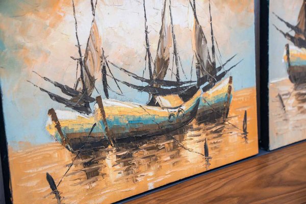 Boat on Water, 2000s, Acrylic on Canvas, Set of 3-KNM-1386420