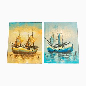 Boat on Water, 2000s, Acrylic on Canvas, Set of 3-KNM-1386420