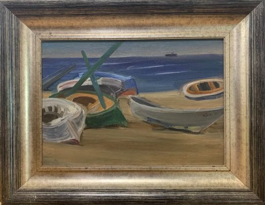 Boats on the Beach, 20th Century, Oil on Canvas, Framed-QOR-2022595