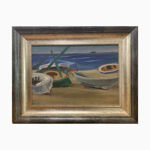 Boats on the Beach, 20th Century, Oil on Canvas, Framed-QOR-2022595