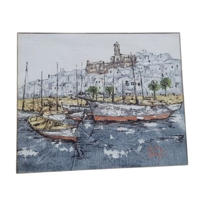 Boats on the Sean with a Castle, 1950s, Oil & Acrylic & Mixed Media, Framed-TCS-2020675