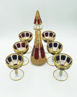 Bohemian Cabochon Champagne Futes with Decanter from Moser, Set of 7-OZS-1388759