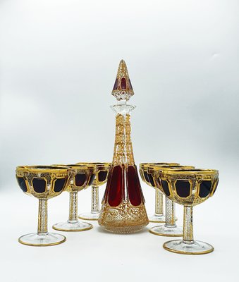 Bohemian Cabochon Champagne Futes with Decanter from Moser, Set of 7-OZS-1388759