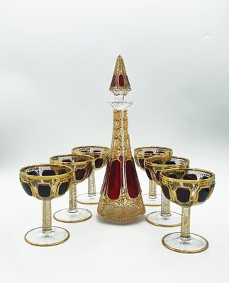 Bohemian Cabochon Champagne Futes with Decanter from Moser, Set of 7-OZS-1388759